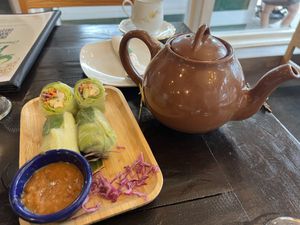 Summer roll & tea pot  at Green Elephants Thai Vegan in Watkins Glen