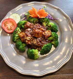 Praram: Sautéed tofu with peanut sauce and steamed broccoli  at Green Elephants Thai Vegan in Watkins Glen