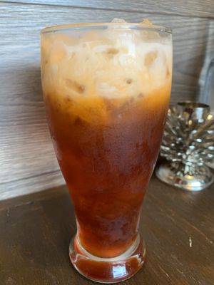 Thai iced tea with Coconut creamm  at Green Elephants Thai Vegan in Watkins Glen