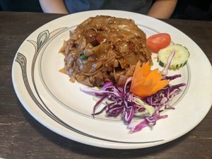 Pad see aew with mock duck at Green Elephants Thai Vegan in Watkins Glen