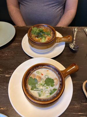 Royale Tom yum at top, Tom kha on bottom  at Green Elephants Thai Vegan in Watkins Glen
