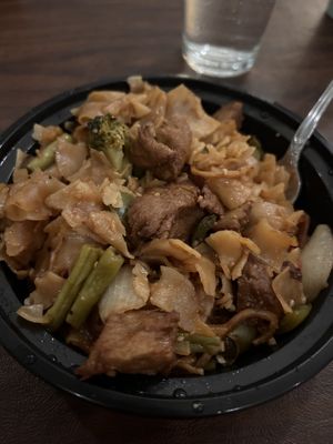 Takeout - drunken noodles with mock duck  at Green Elephants Thai Vegan in Watkins Glen
