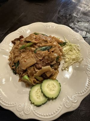 Pad see ew + mock duck   at Green Elephants Thai Vegan in Watkins Glen