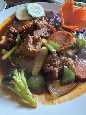 Pad kri pao with mock duck  at Green Elephants Thai Vegan in Watkins Glen