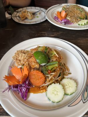 pad thai in front, pad see ew in back  at Green Elephants Thai Vegan in Watkins Glen