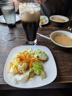 Miso soup, salad, and Thai iced.coffee at Green Elephants Thai Vegan in Watkins Glen