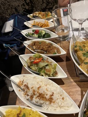 …white rice, sayur lodeh, gado gado (without egg obviously), atjar, sugar coated fry-crisps, that other cabbage dish I forgot the name of. This was not all the food.  at Blauw in Utrecht