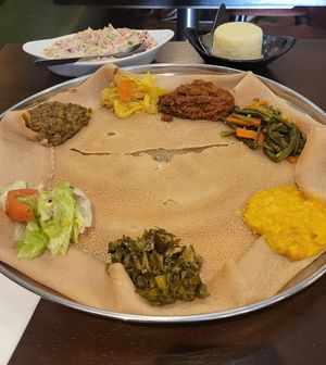 Choice of vegan Ethiopian dishes at Abugida  in South West London