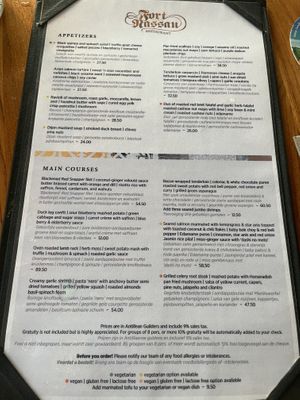 Vegan options clearly marked  at Restaurant Fort Nassau in Willemstad