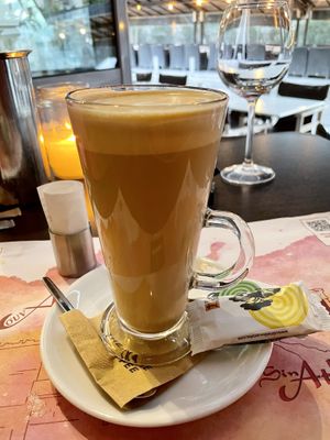 Decaf latte with soy milk  at Sin Athina  in Athens