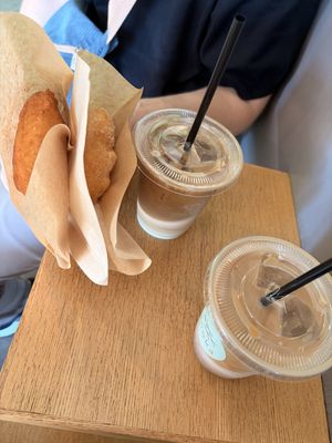 plain and cinnamon donuts with iced lattes  at INOKA in Tokyo