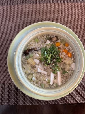 Tofu and mushrooms soup  at La Moi Plant-Based Restaurant in Ho Chi Minh City