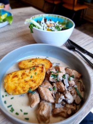 Vol au vent with potatoes and a salad on the side at Greens&Beans  in Bruges