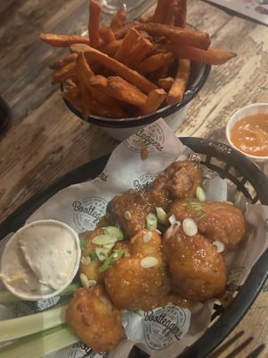 Cauli flower wings, sweet potato fries with vegan craic sauce   at Bootleggers in Belfast
