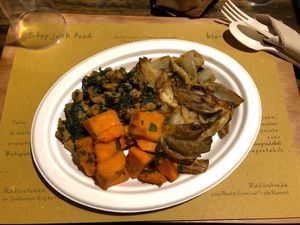 All gluten free! Fennel, sweet potato and spinach with soy.  at Radicetonda - Via Spallanzani in Milan