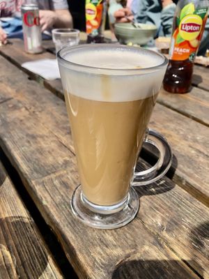 Oat milk latte  at Woodlands Cafe in Bangor