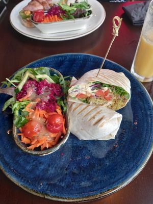 Falafel, Vegetable and hummus wrap at The Master Barista in Harlow