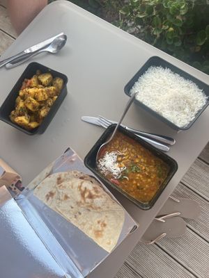 Bombay potatos, Daal Tadka, Roti bread and  rice  at Jot Indian Restaurant in Crete