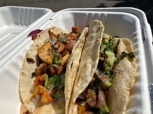 Lion’s mane taco and piantain sweet potato taco
 at Tacos Don Pepe in Petaluma