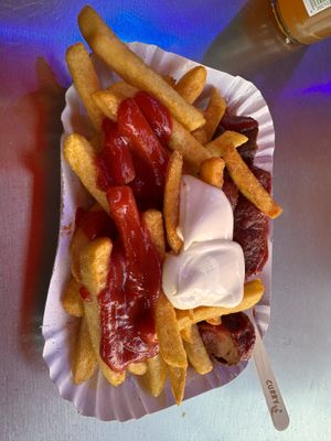 Currywurst mit Pommes  at Curry 36 in Berlin