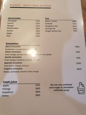 Drink options at PLANTS Kitchen & Bar in Almaty