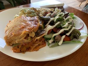 Delicious lasagne and salad at Manna Haven in Byron Bay