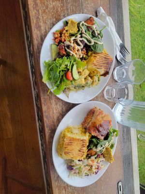 Lasagna, curry mousaka, potato salad, Italian chickpea salad, pumpkin roasted pepita spinach salad and green salad. at Manna Haven in Byron Bay