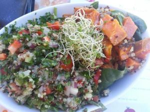 Quinoa salad and roast vegetable salad. at Manna Haven in Byron Bay