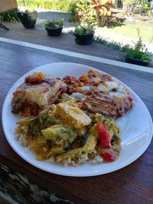 Green curry, lasagne and mexi beans at Manna Haven in Byron Bay