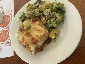 Lasagne and salad  at Manna Haven in Byron Bay