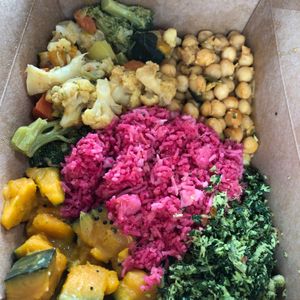 beetroot rice, mixed veg curry, pumpkin curry, chickpea curry  at Blue Lotus Temple in Woodstock