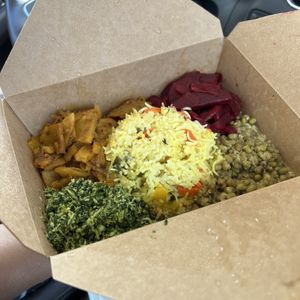 saffron rice, beet curry, mung bean curry, kale coconut sambol, potatoes   at Blue Lotus Temple in Woodstock
