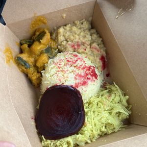 rice, cabbage mallum, pumpkin curry,  lentil curry, beet   at Blue Lotus Temple in Woodstock