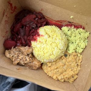 yellow rice, dhal curry, beetroot curry, coconut sambol, potatoes, jackfruit curry  at Blue Lotus Temple in Woodstock