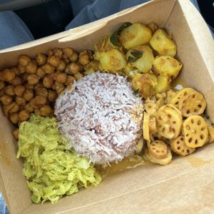 rose rice, lotus root curry, potatoes, chickpea curry, cabbage mallum  at Blue Lotus Temple in Woodstock