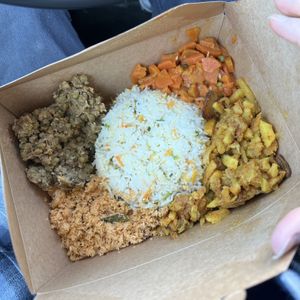 fried rice, coconut sambol, carrot curry, mung bean curry, deviled potato  at Blue Lotus Temple in Woodstock