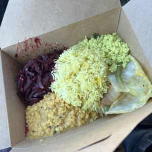 yellow rice, mixed veg curry, turmeric coconut sambol, beetroot curry, lentil dahl curry  at Blue Lotus Temple in Woodstock