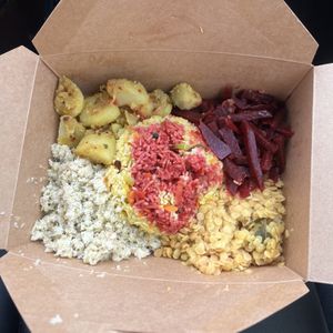 coconut cabbage mallum, deviled potatoes, fried rice, beetroot curry, dahl curry  at Blue Lotus Temple in Woodstock