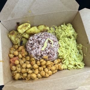 rose rice, chickpea curryC, cabbage curry, deviled potatoes  at Blue Lotus Temple in Woodstock