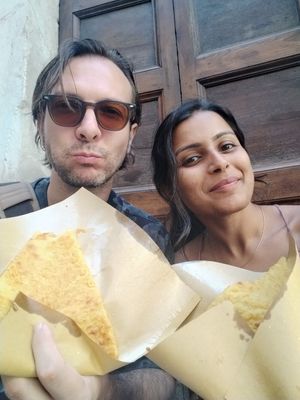 Happy with our warm Cecina at Dante & Gentucca in Lucca