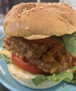 Spicy tempeh burger  at Joys Cafe - 悅素 in Kowloon