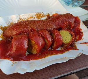 Vegan currywurst made from local bio faba beans at WITTY'S Currywurst - Kiosk in Berlin