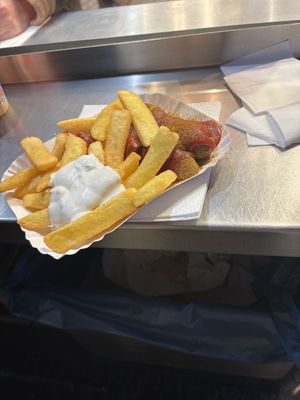 Vegan Currywurst with Chips and vegan Mayonnaise ❤️  at WITTY'S Currywurst - Kiosk in Berlin