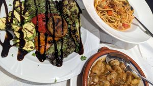 Grilled veg and pasta dishes at Taverna Ouzaki in Rhodes