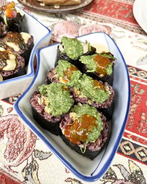 Special dish, April, 8th, vegan sushi rolls: rice, baked oyster mushrooms with shiitake powder, soy asparagus, cucumber, nettle pesto, Iranian sriracha at 2022_bak in Yerevan