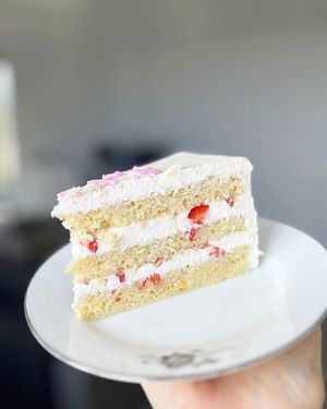 Perfection! The piece of vegan cake: vanilla biscuits, buttercream, fresh strawberries. Made by pre-order. at 2022_bak in Yerevan