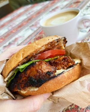 Special dish, March, 18th, seitan burger: wheat bun, kimcheese sauce, fresh cucumber, bbq seitan steak, romaine lettuce, tomato and sweet onion.  at 2022_bak in Yerevan