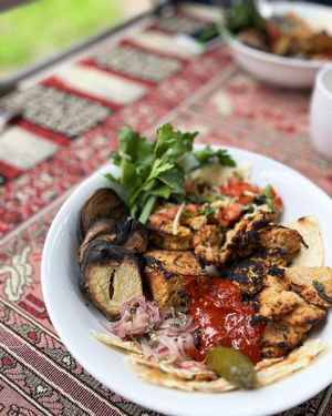 Special of March, 25th: soy meat and seitan shashlik with plech grilled potato, tabboule salad and lavash. at 2022_bak in Yerevan