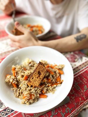 Special of April, 23th—vegan pilaf w/red «devzira» rice, «zagir» oil sourced from seven ingredients including flax, walnut and apricot seed + barberries&cumin grilled seitan at 2022_bak in Yerevan