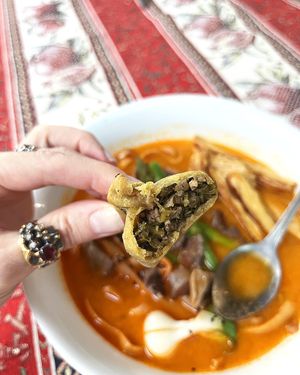 Delicious Arishta ramen with sinenozhka mushroom tahini broth, yuba and wild seasonal asparagus + soy meat and wild herbs pirozhok at 2022_bak in Yerevan